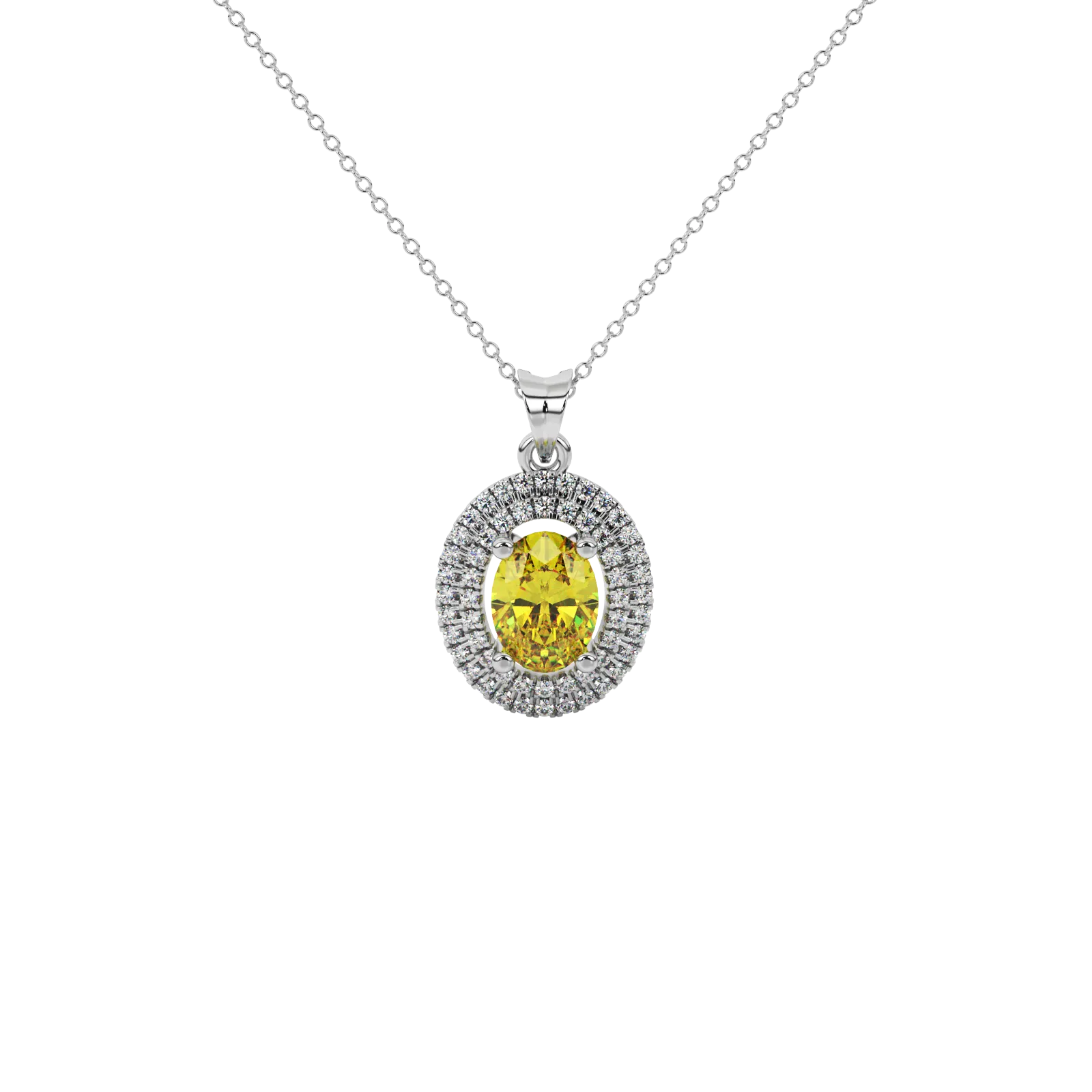 Oval cut canary yellow gemstone pendant, white gold falling edge halo setting