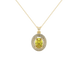 Oval cut canary yellow gemstone pendant, yellow gold falling edge halo setting.