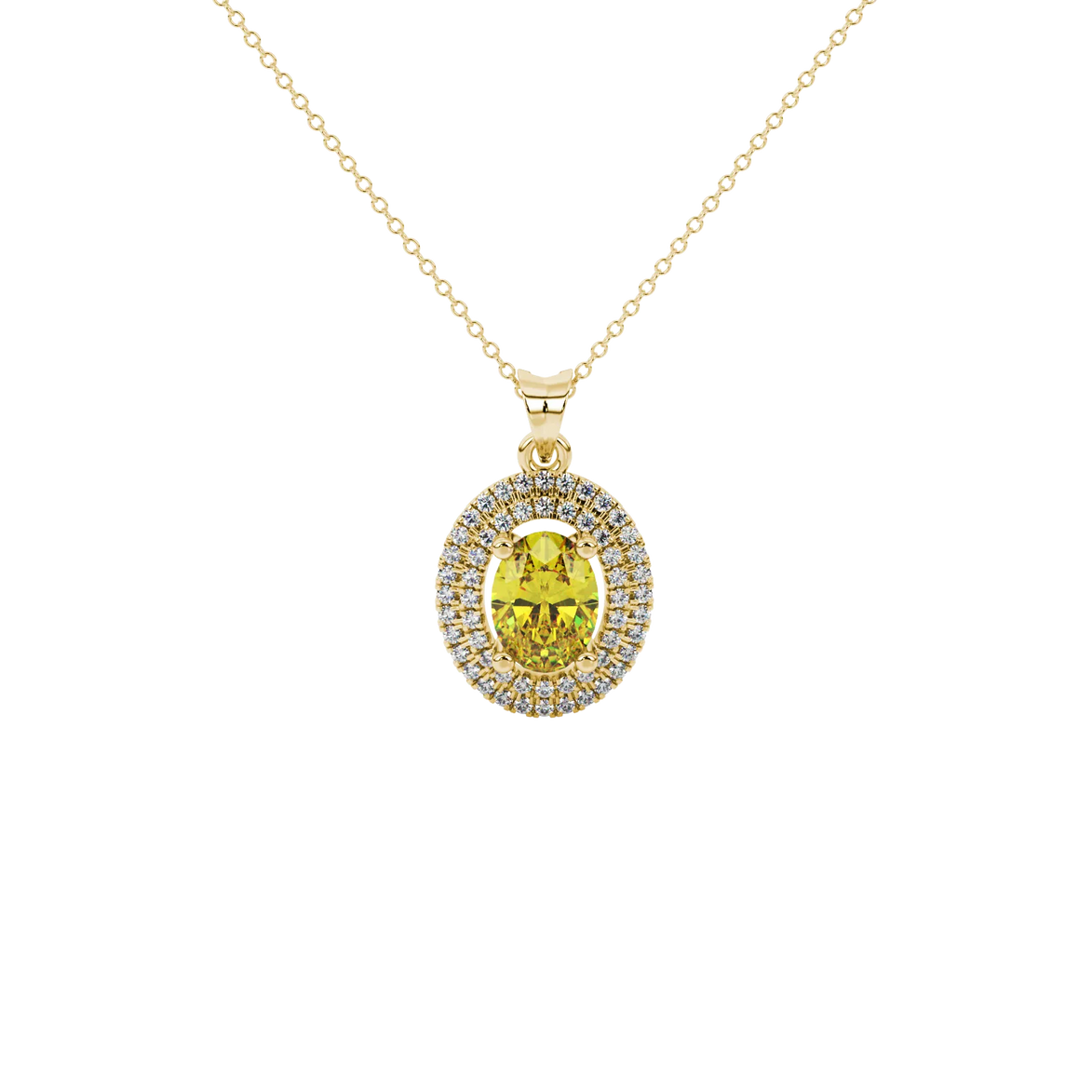 Oval cut canary yellow gemstone pendant, yellow gold falling edge halo setting.