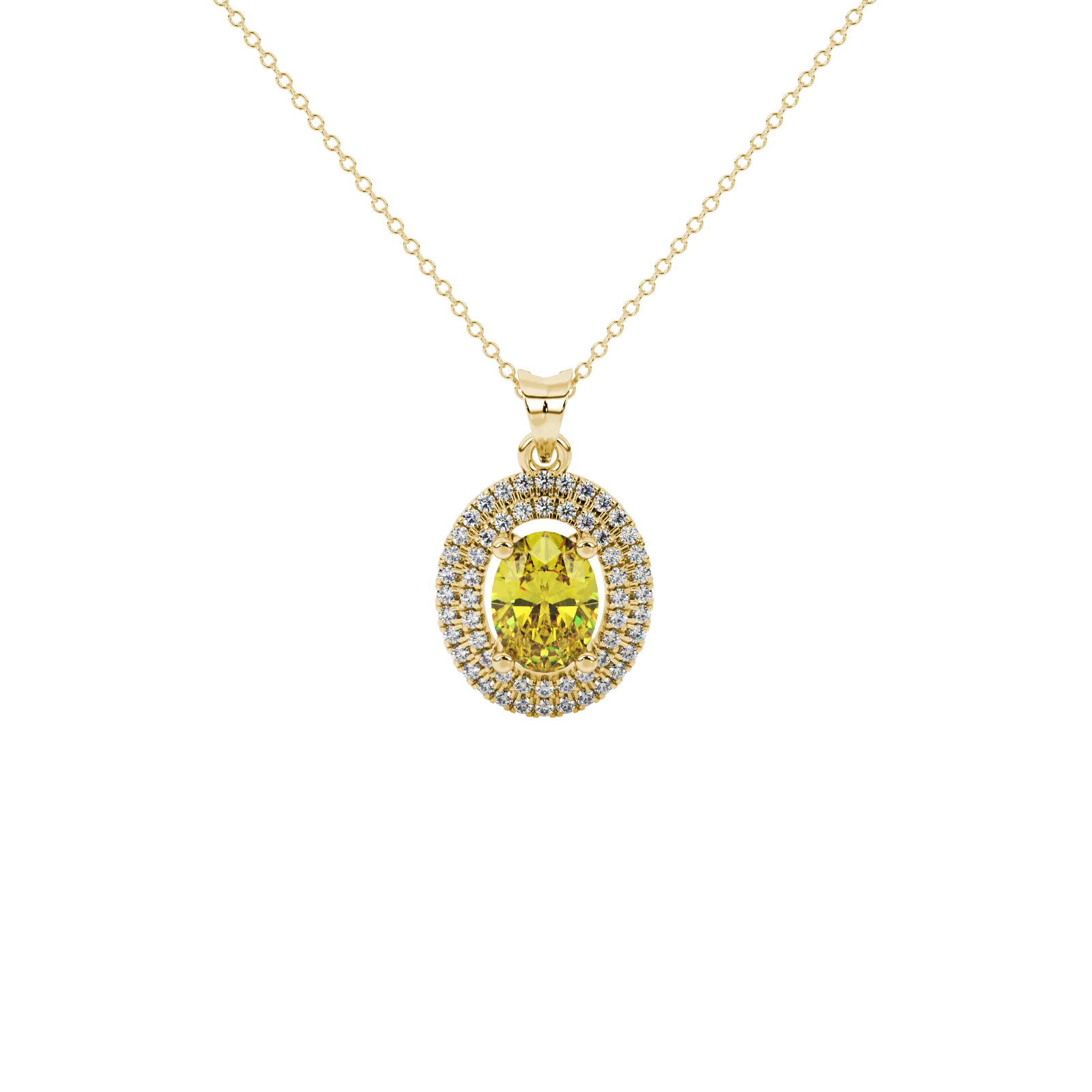 Oval cut canary yellow gemstone pendant, yellow gold falling edge halo setting.