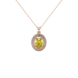 Oval cut canary yellow gemstone pendant, rose gold falling edge halo setting.
