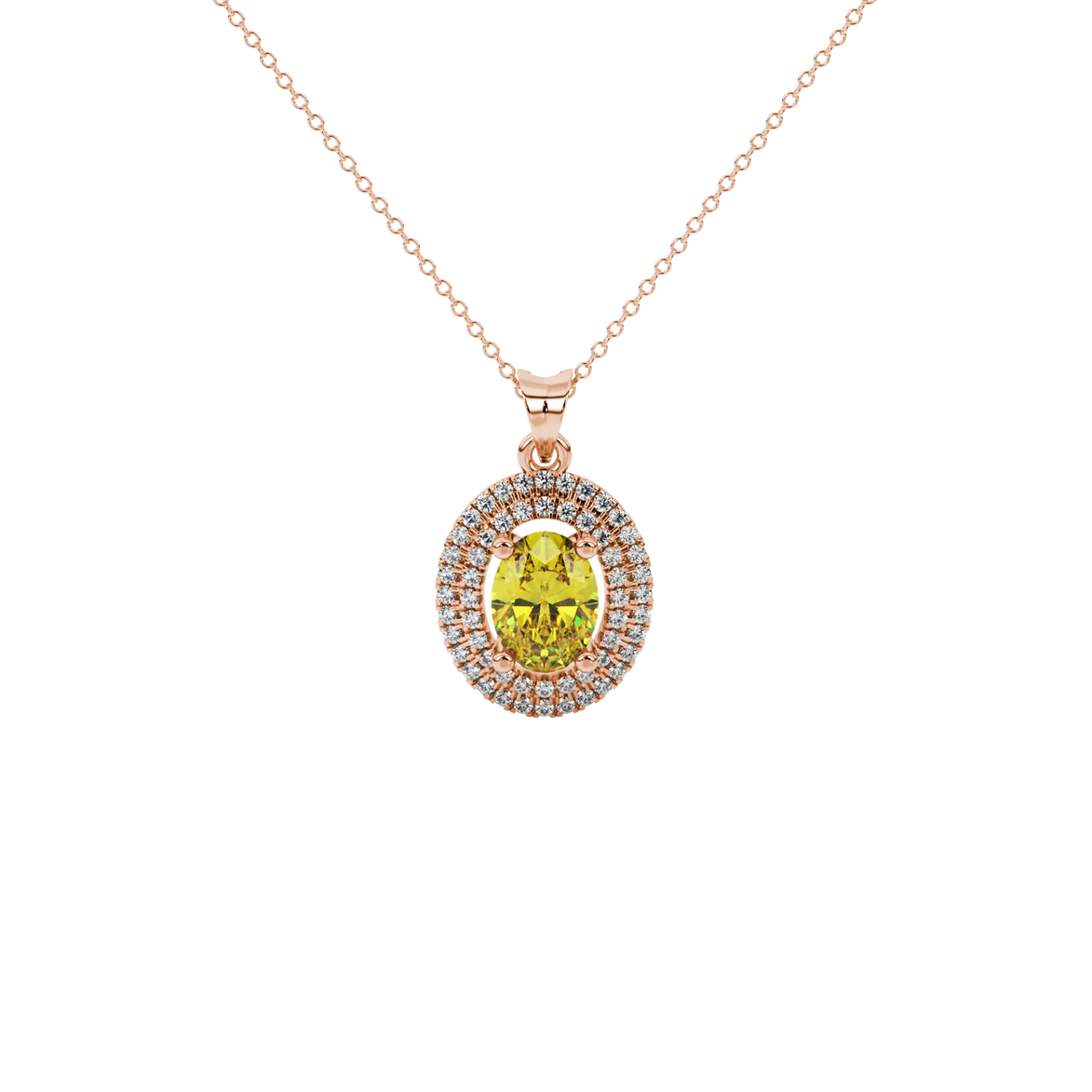 Oval cut canary yellow gemstone pendant, rose gold falling edge halo setting.