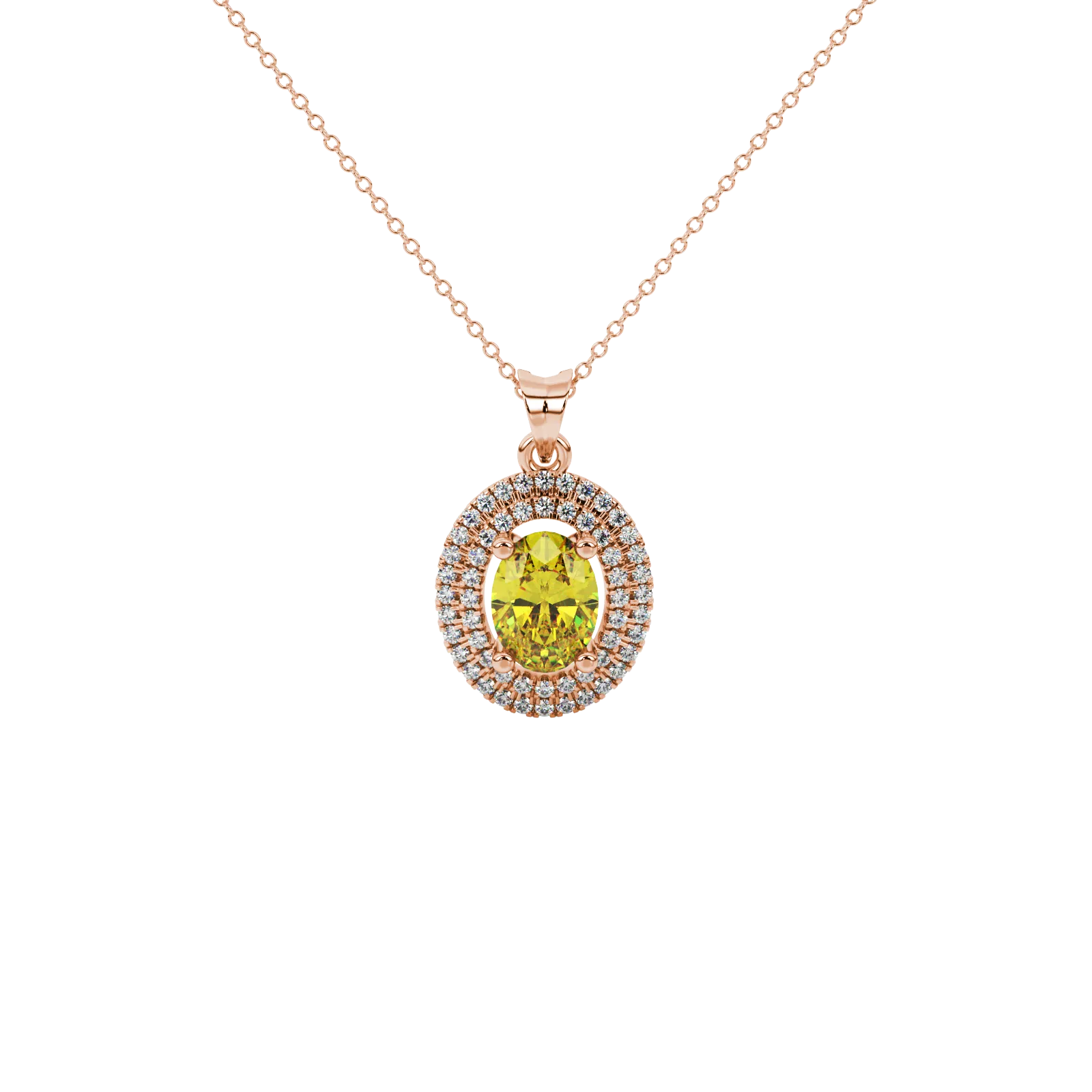 Oval cut canary yellow gemstone pendant, rose gold falling edge halo setting.