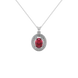 Oval cut raspberry red gemstone pendant, white gold falling edge halo setting.