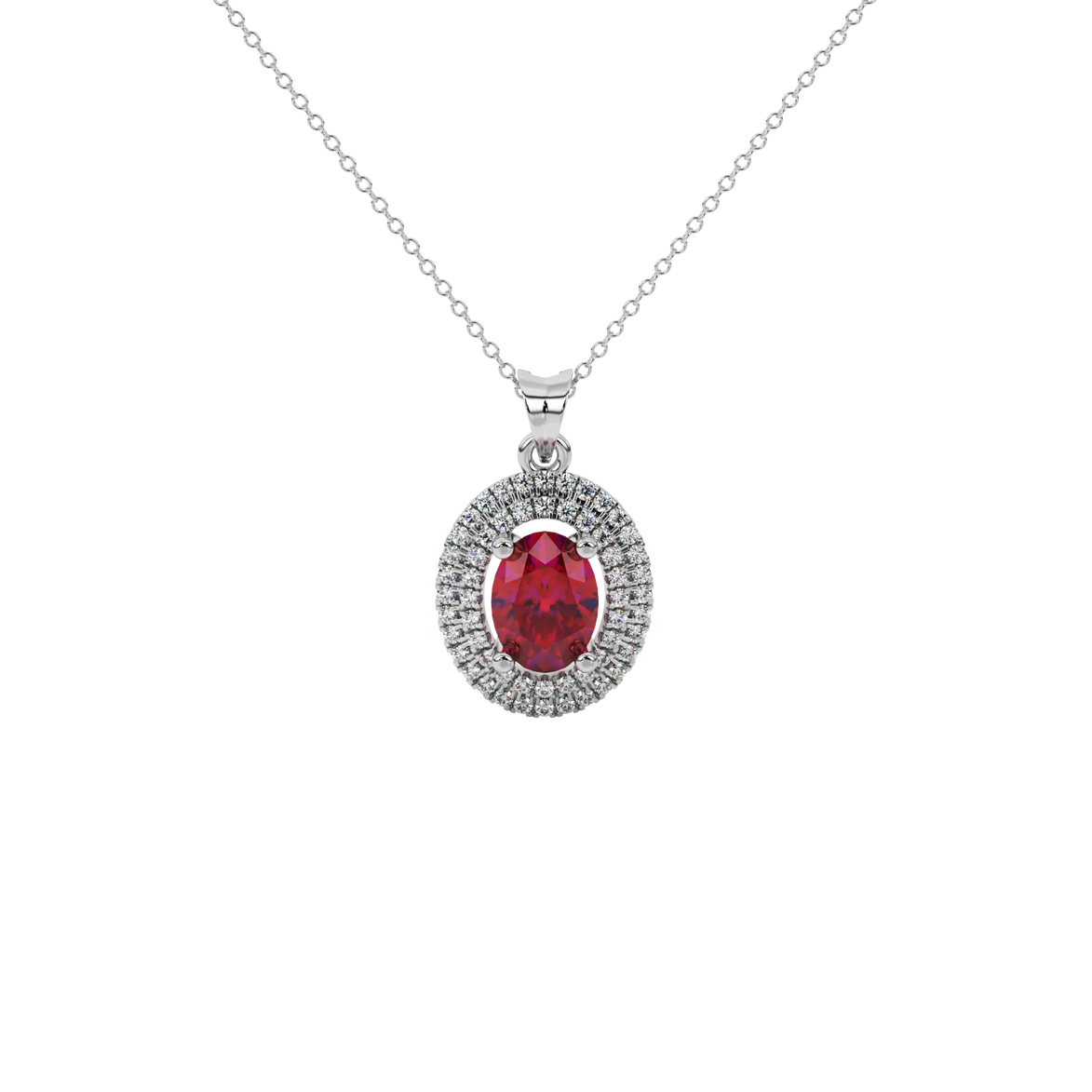 Oval cut raspberry red gemstone pendant, white gold falling edge halo setting.