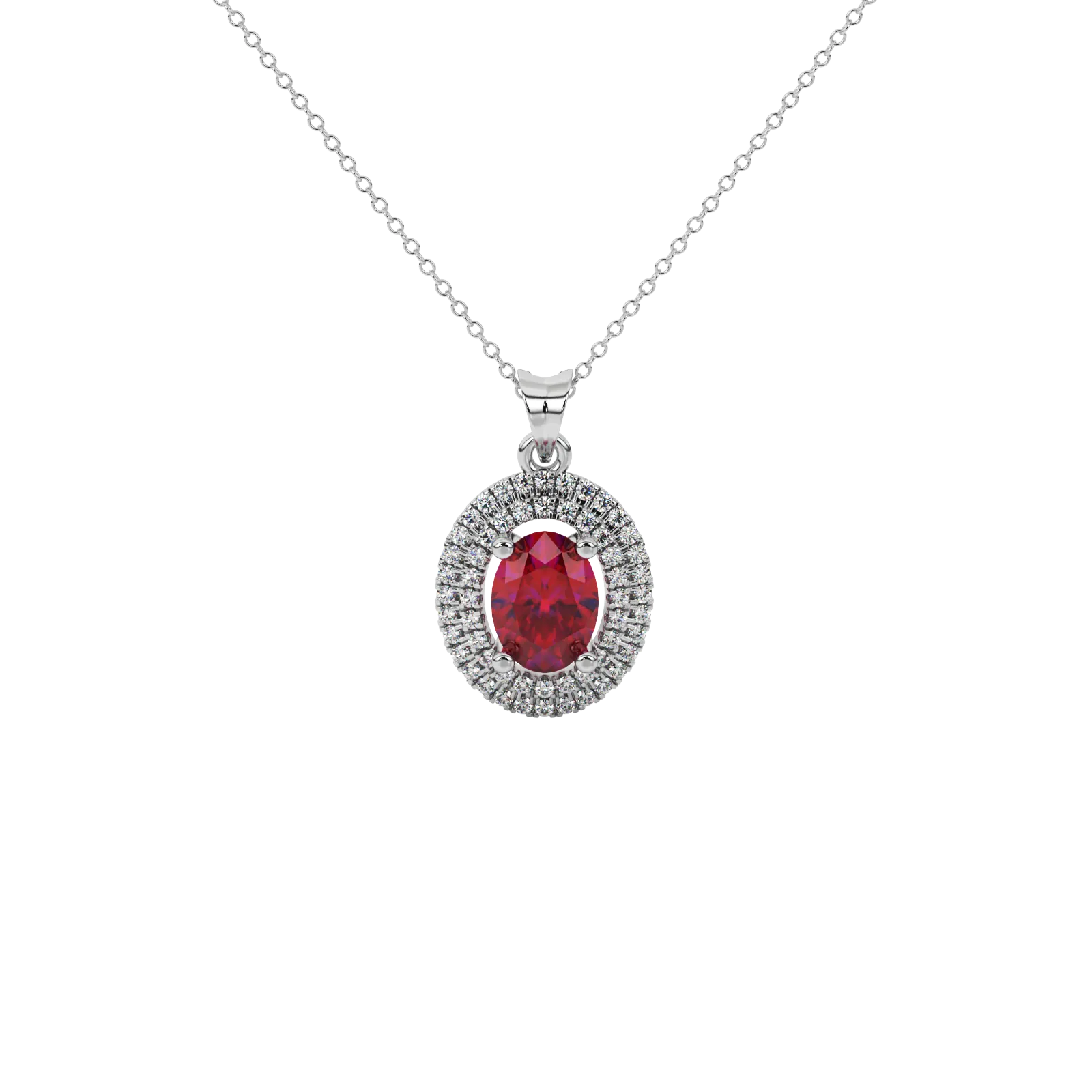 Oval cut raspberry red gemstone pendant, white gold falling edge halo setting.