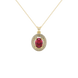 Oval cut raspberry red gemstone pendant, yellow gold falling edge halo setting.