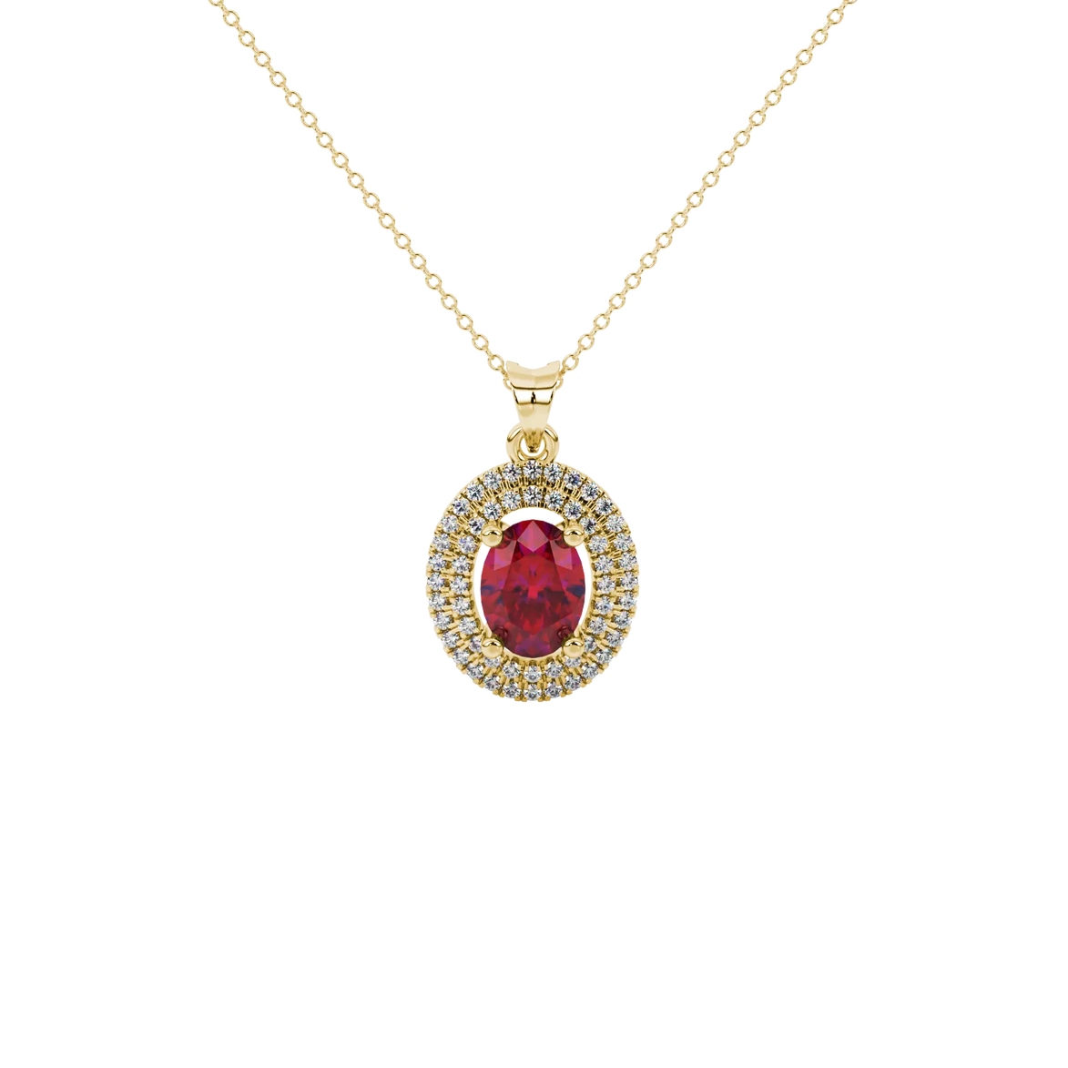 Oval cut raspberry red gemstone pendant, yellow gold falling edge halo setting.