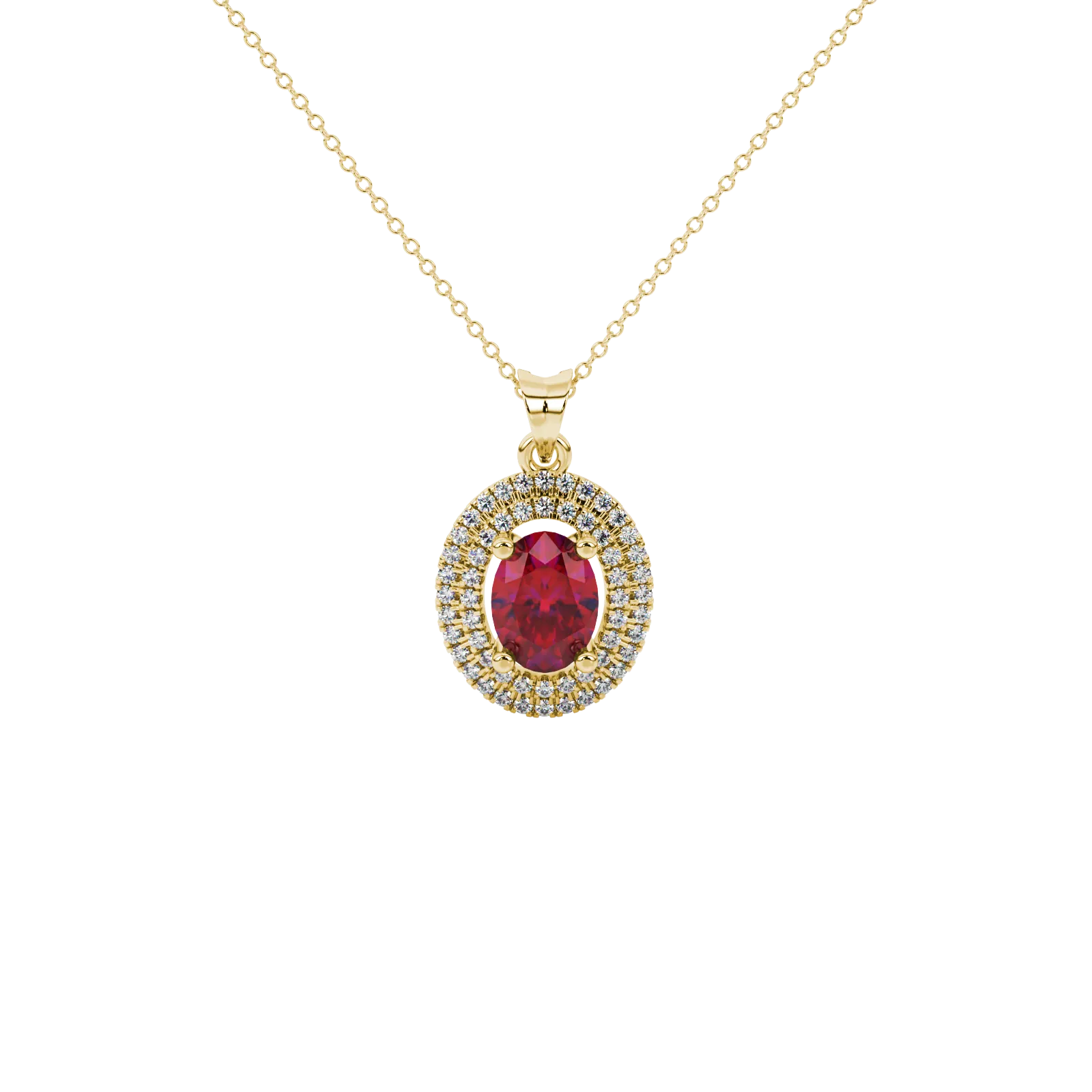 Oval cut raspberry red gemstone pendant, yellow gold falling edge halo setting.