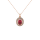 Oval cut raspberry red gemstone pendant, rose gold falling edge halo setting.