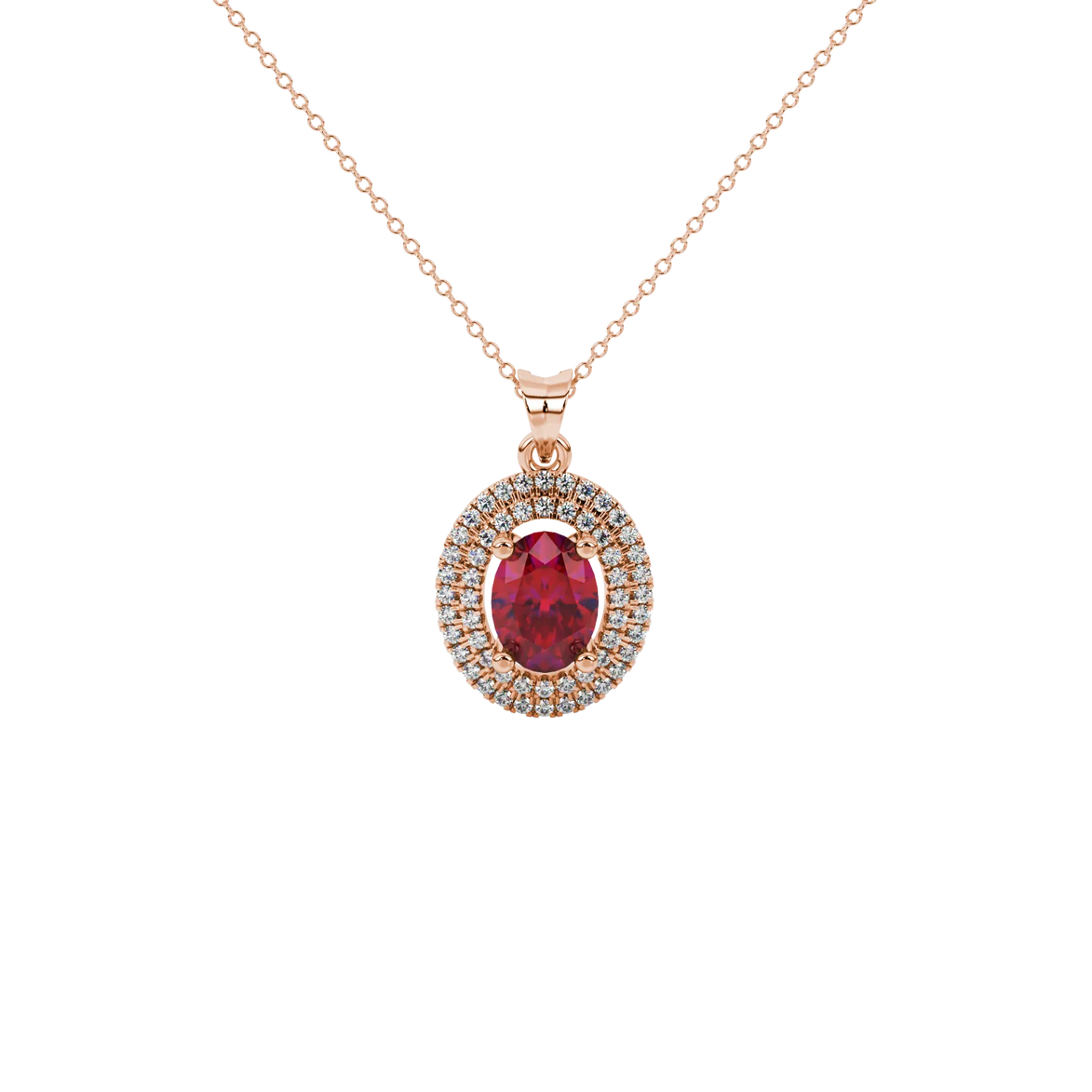 Oval cut raspberry red gemstone pendant, rose gold falling edge halo setting.