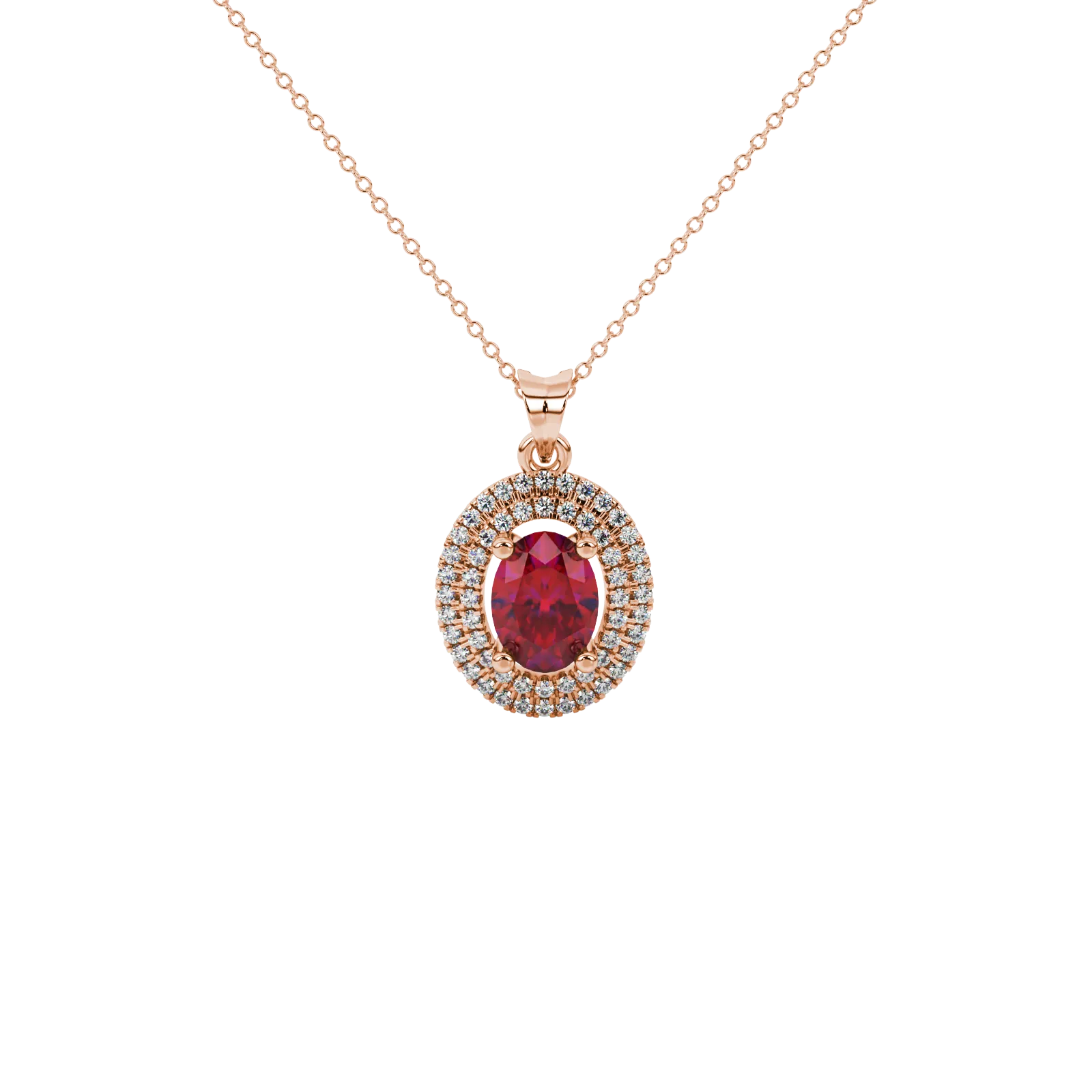 Oval cut raspberry red gemstone pendant, rose gold falling edge halo setting.