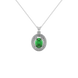Oval cut emerald green gemstone pendant, white gold falling edge halo setting