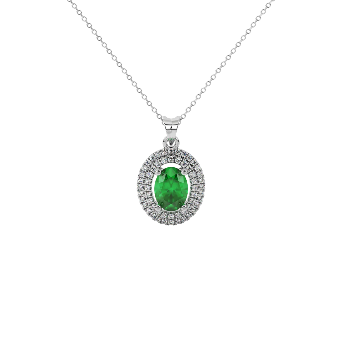 Oval cut emerald green gemstone pendant, white gold falling edge halo setting