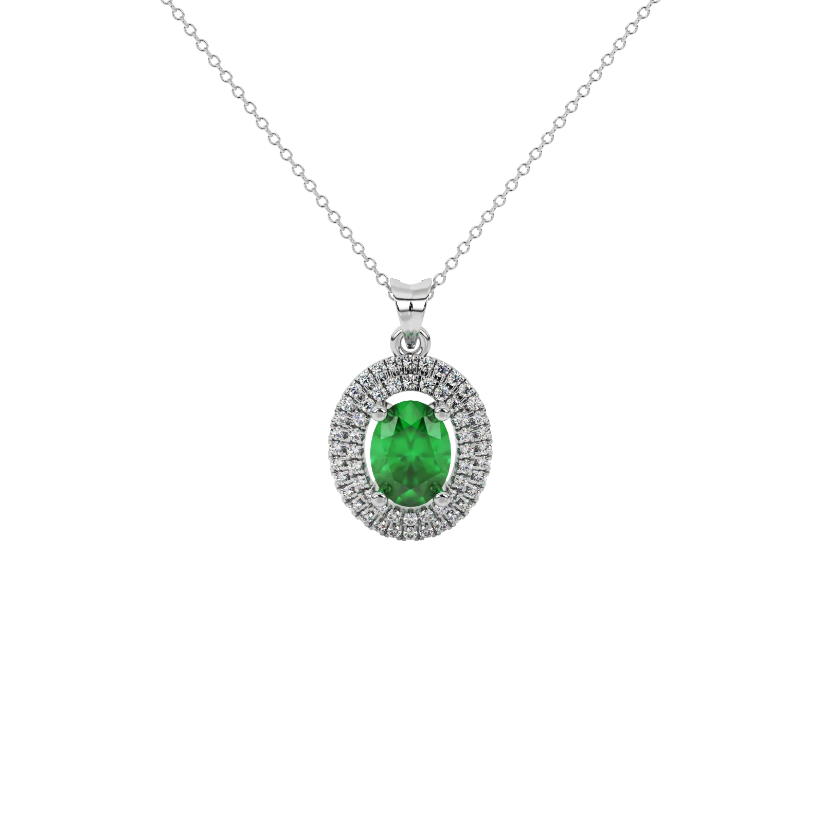 Oval cut emerald green gemstone pendant, white gold falling edge halo setting