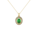 Oval cut emerald green gemstone pendant, yellow gold falling edge halo setting.