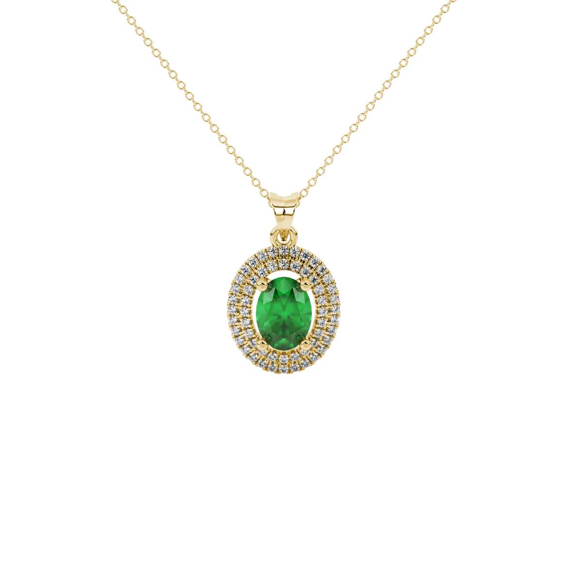 Oval cut emerald green gemstone pendant, yellow gold falling edge halo setting.