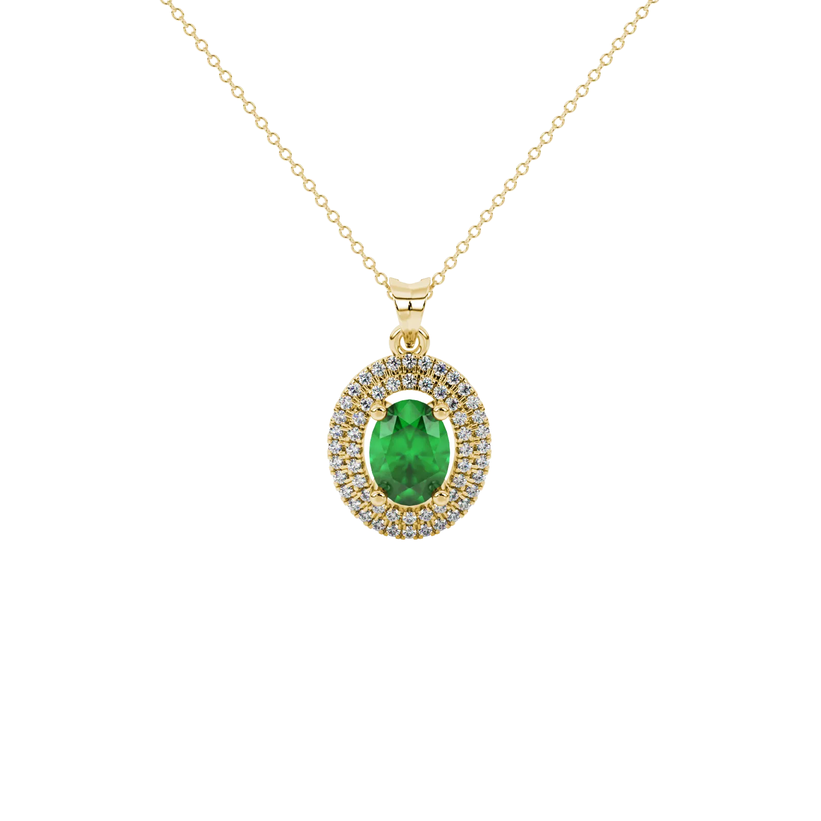 Oval cut emerald green gemstone pendant, yellow gold falling edge halo setting.