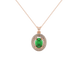 Oval cut emerald green gemstone pendant, rose gold falling edge halo setting.