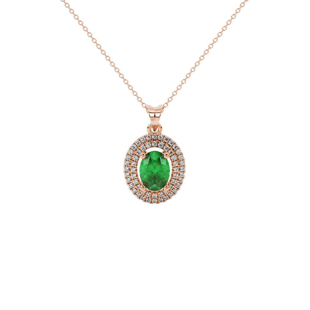 Oval cut emerald green gemstone pendant, rose gold falling edge halo setting.
