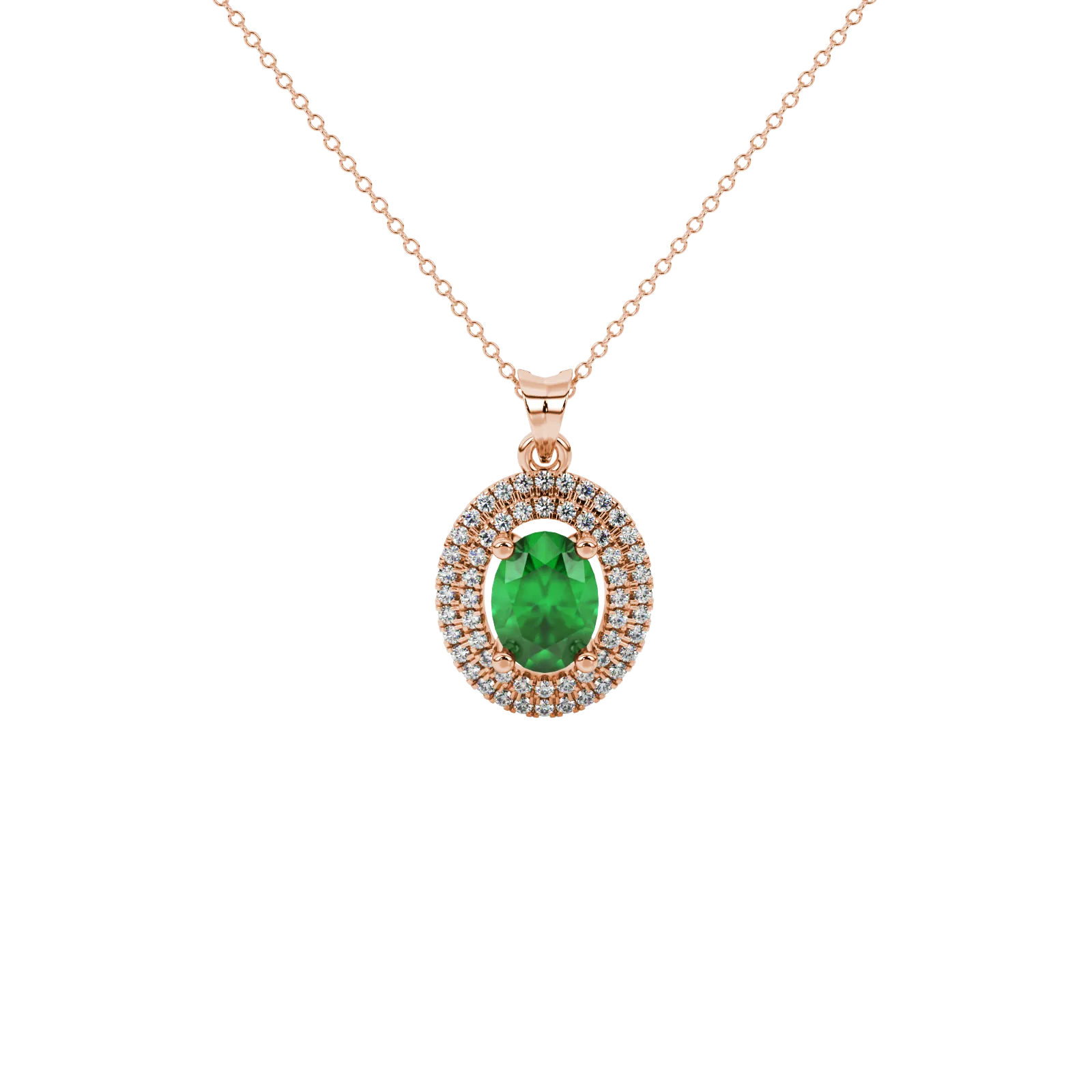 Oval cut emerald green gemstone pendant, rose gold falling edge halo setting.