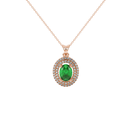 Oval cut emerald green gemstone pendant, rose gold falling edge halo setting.