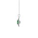 Side profile, white gold emerald green pendant, falling edge halo gallery.