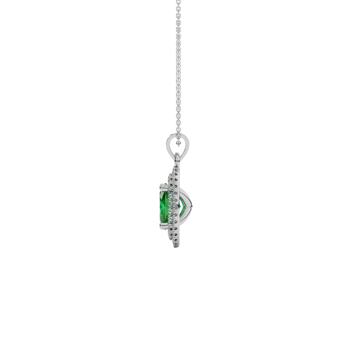 Side profile, white gold emerald green pendant, falling edge halo gallery.