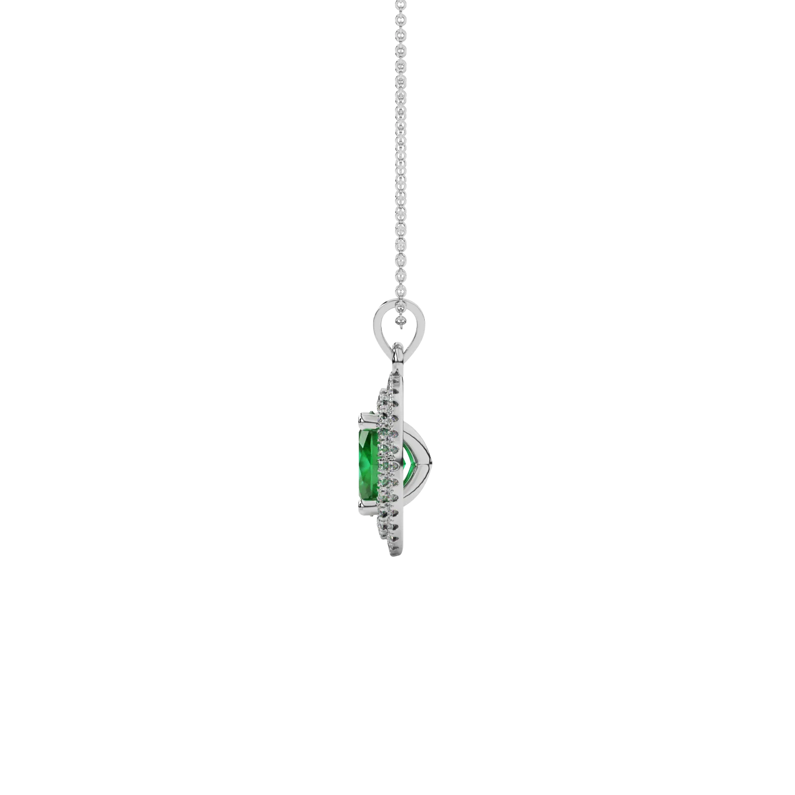 Side profile, white gold emerald green pendant, falling edge halo gallery.