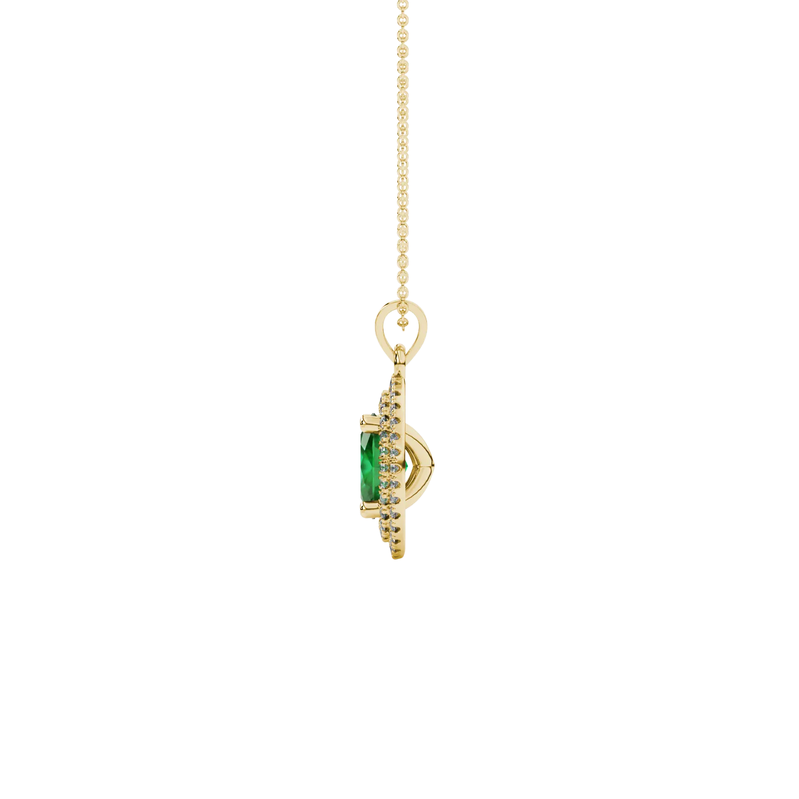Side profile, yellow gold emerald green pendant, falling edge halo gallery.