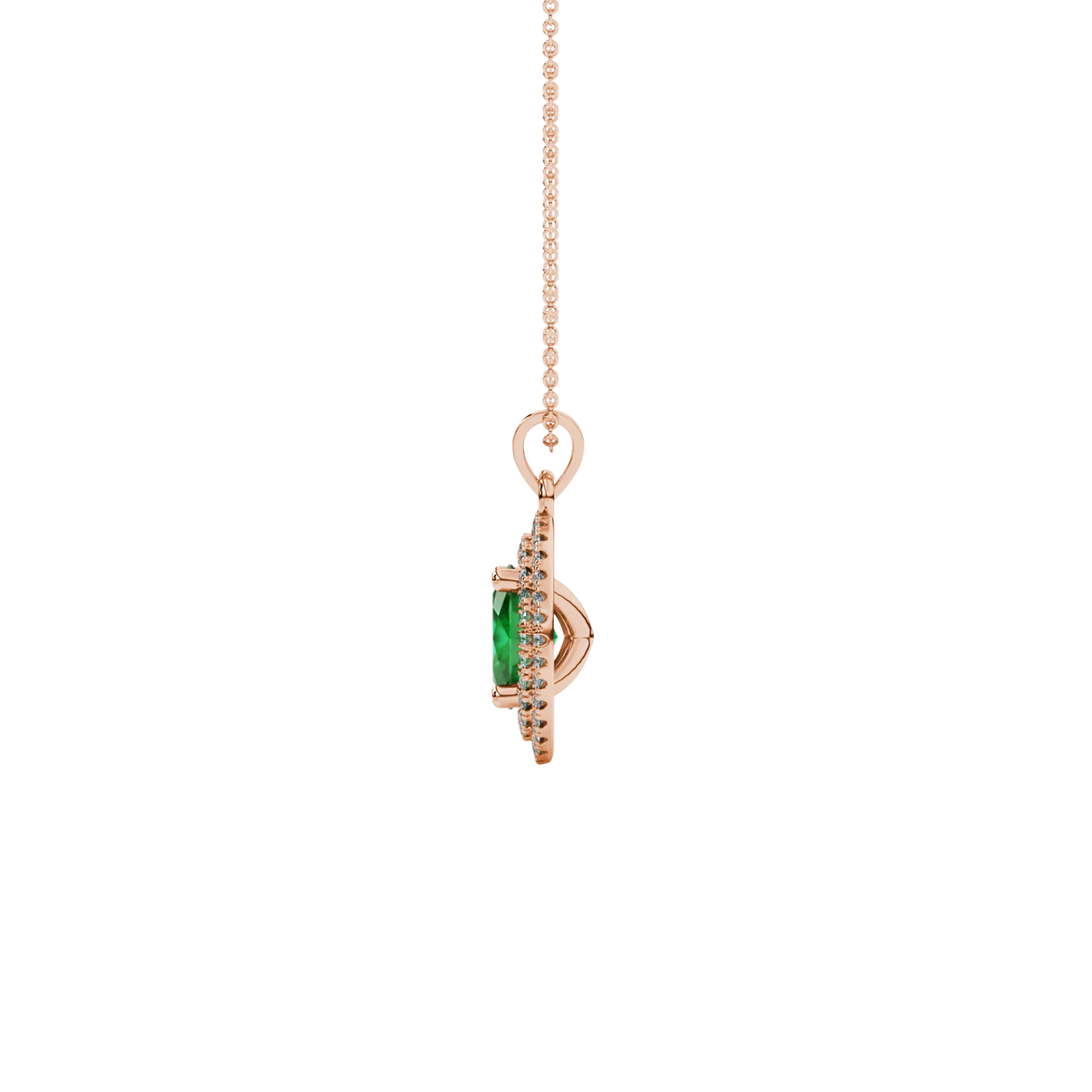 Side profile, rose gold emerald green pendant, falling edge halo gallery.