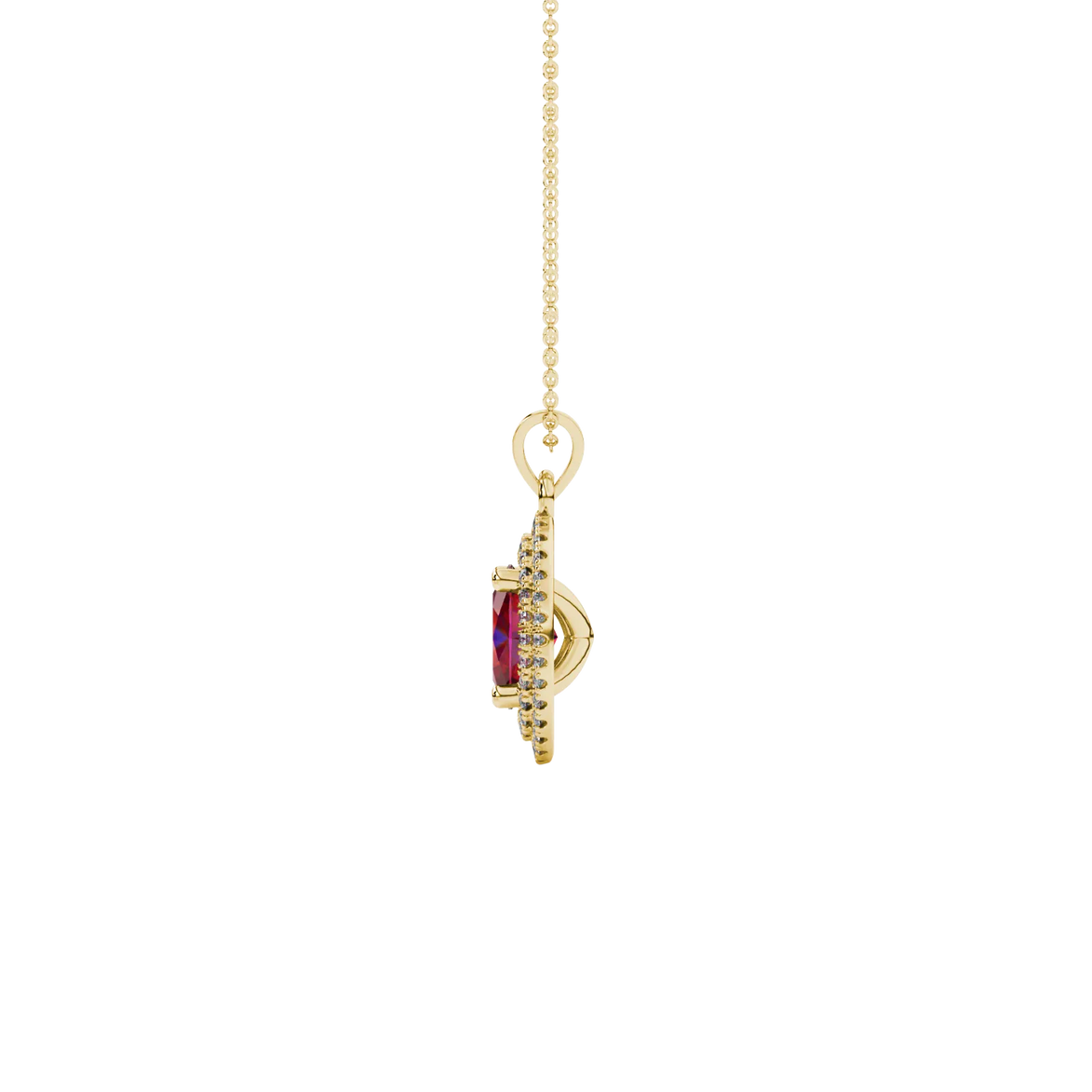 Side profile, yellow gold raspberry red pendant, falling edge halo gallery.