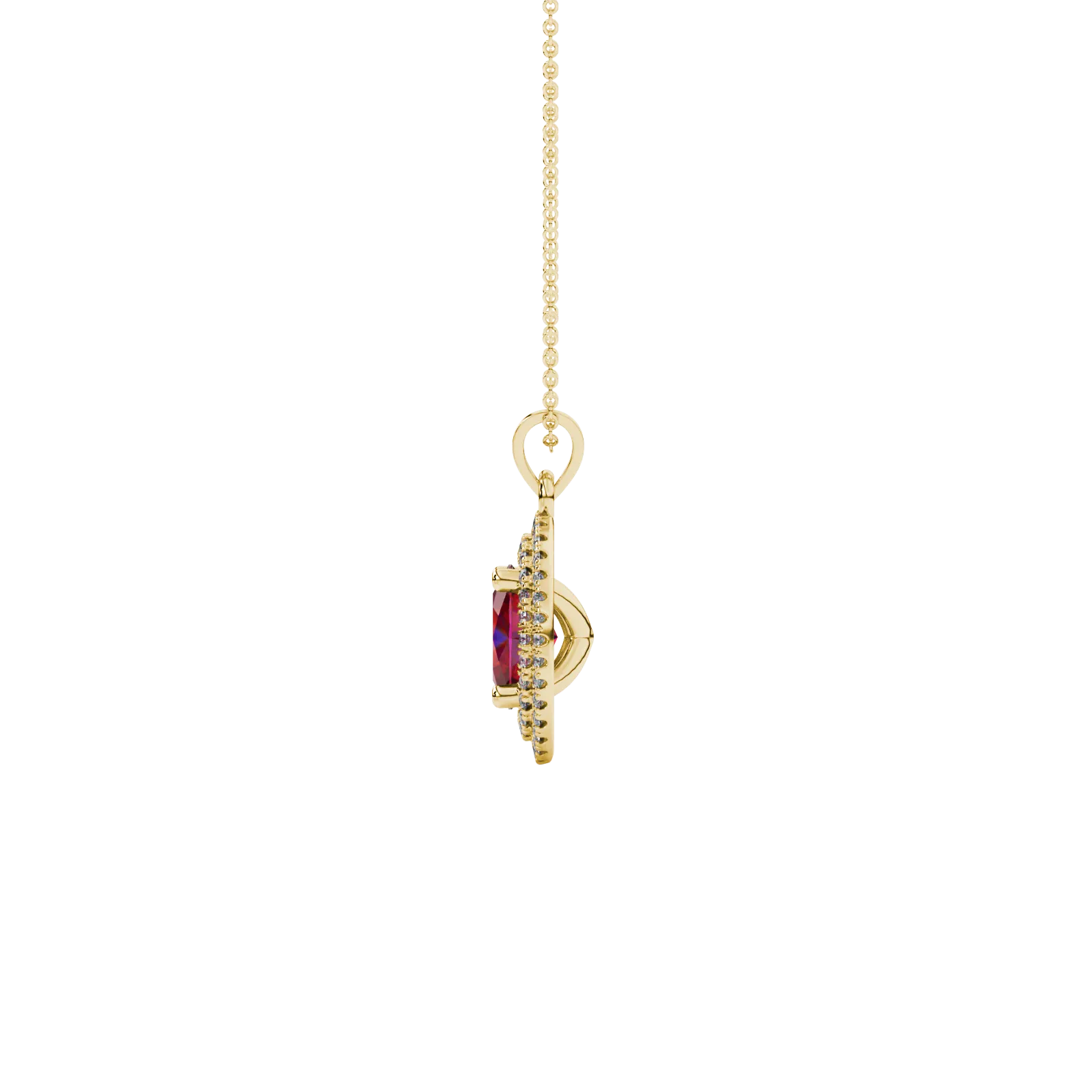 Side profile, yellow gold raspberry red pendant, falling edge halo gallery.