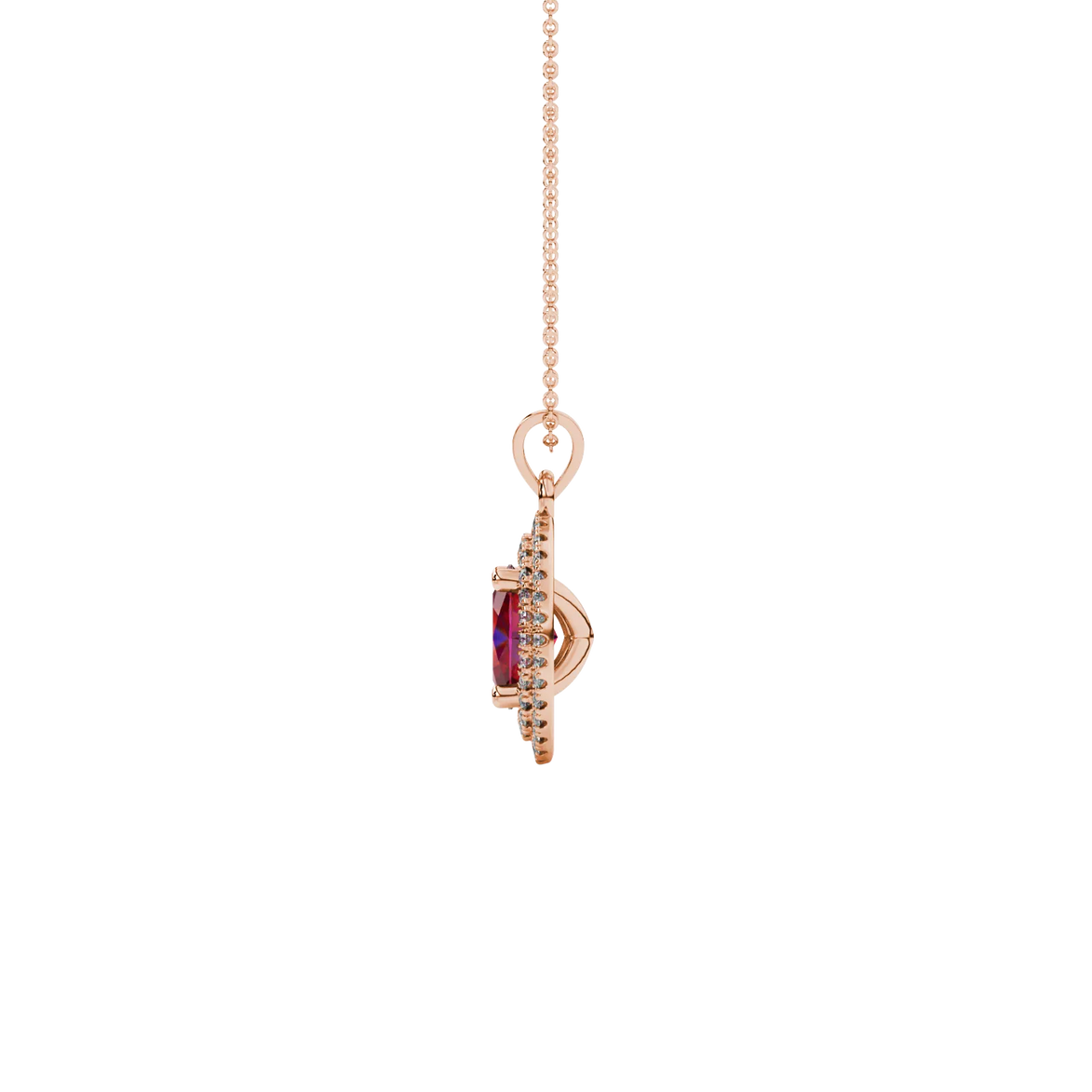 Side profile, rose gold raspberry red pendant, falling edge halo gallery.