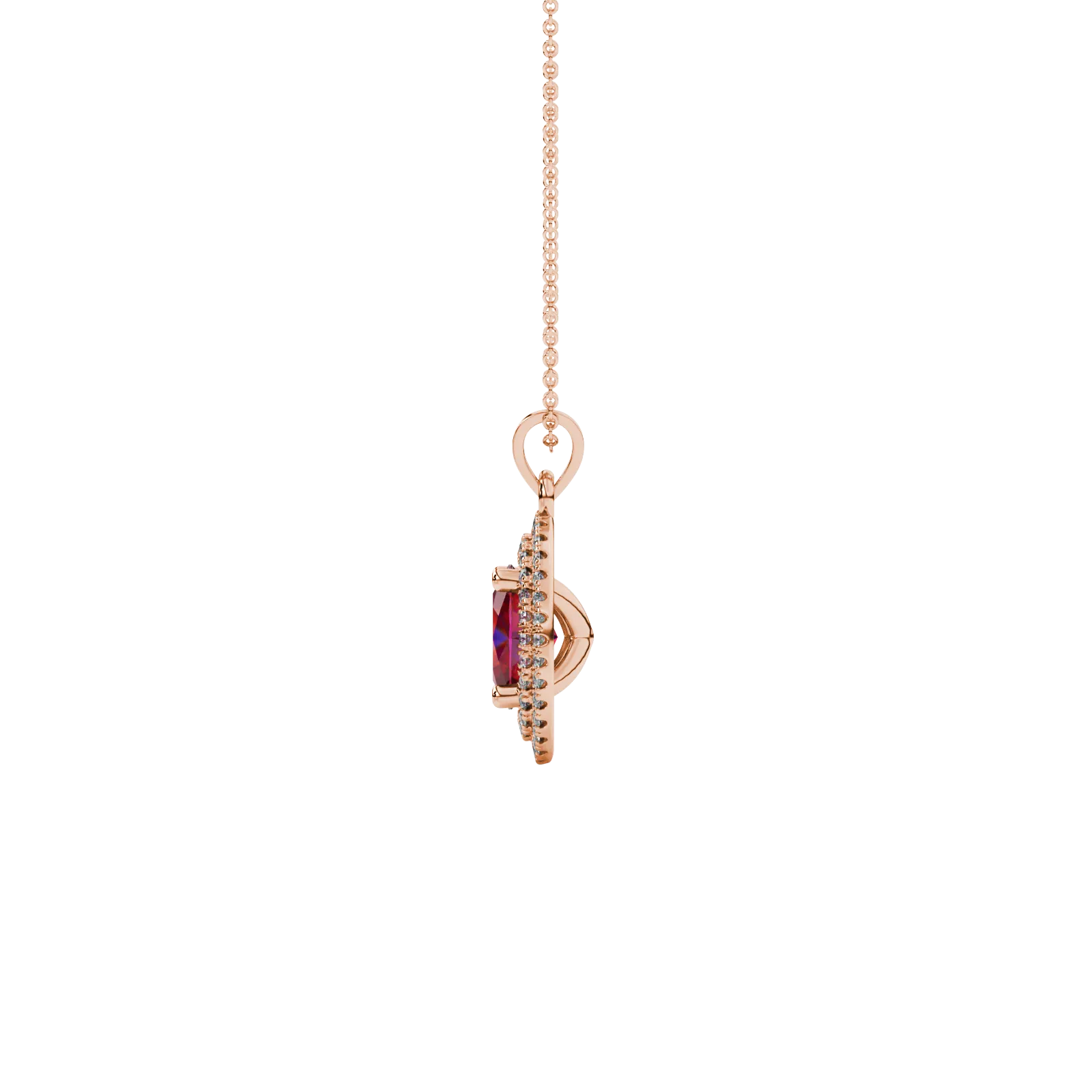 Side profile, rose gold raspberry red pendant, falling edge halo gallery.