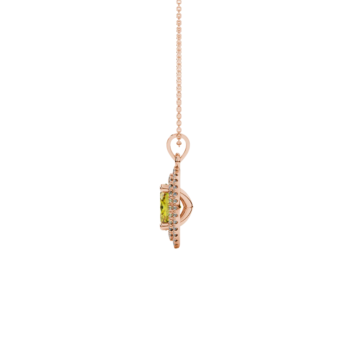Side profile, rose gold canary yellow pendant, falling edge halo gallery.