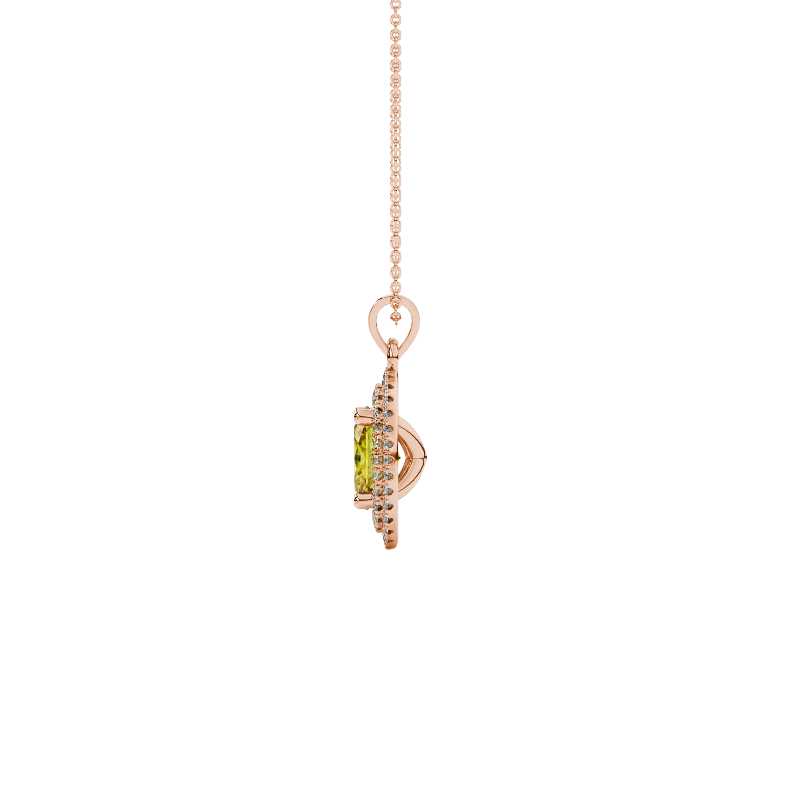 Side profile, rose gold canary yellow pendant, falling edge halo gallery.