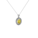 Close-up canary yellow gemstone pendant, white gold falling edge halo.