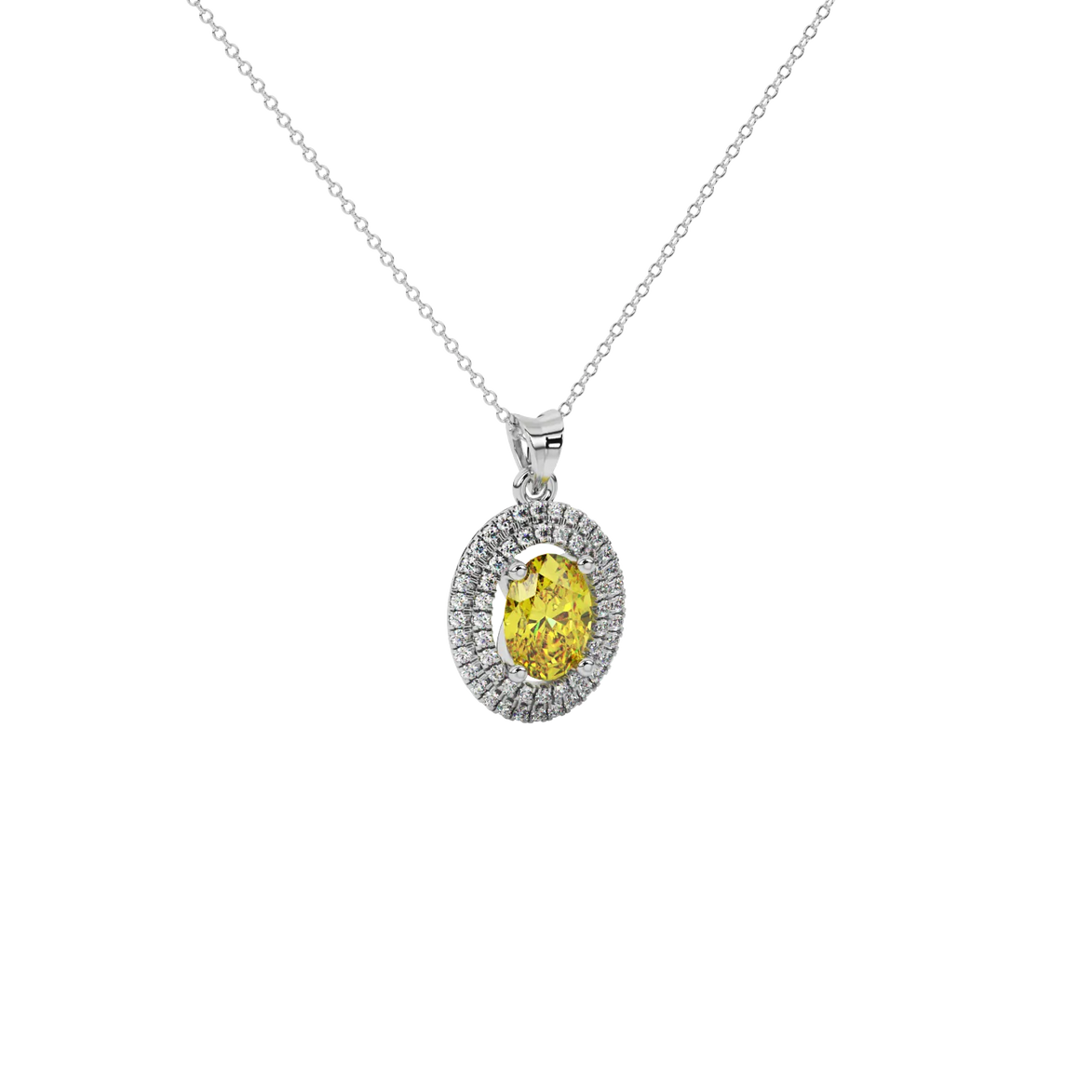 Close-up canary yellow gemstone pendant, white gold falling edge halo.
