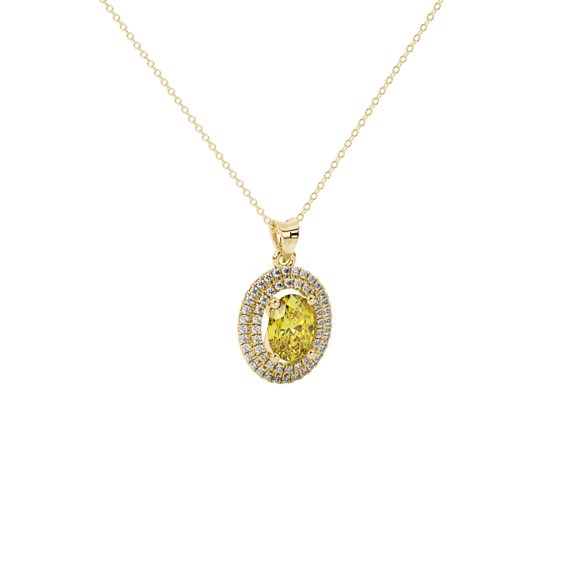 Close-up, oval cut canary yellow gemstone, yellow gold falling edge halo pendant.