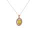 Close-up, oval cut canary yellow gemstone pendant, rose gold double halo.