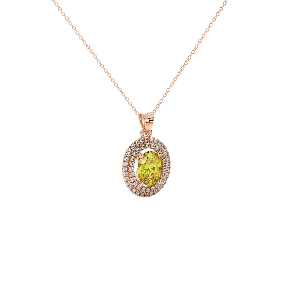 Close-up, oval cut canary yellow gemstone pendant, rose gold double halo.