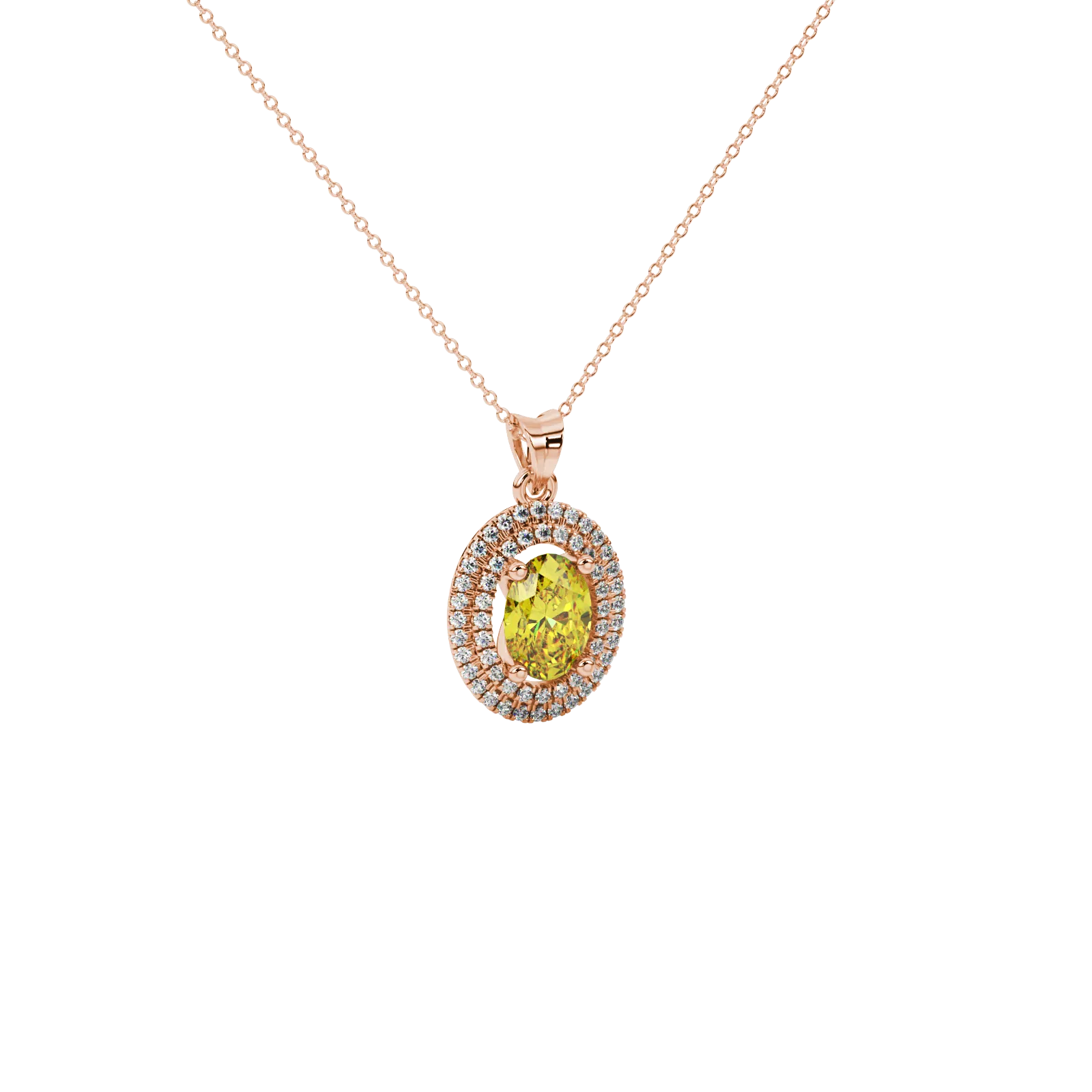 Close-up, oval cut canary yellow gemstone pendant, rose gold double halo.