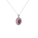 Close-up raspberry red gemstone pendant, white gold falling edge halo.