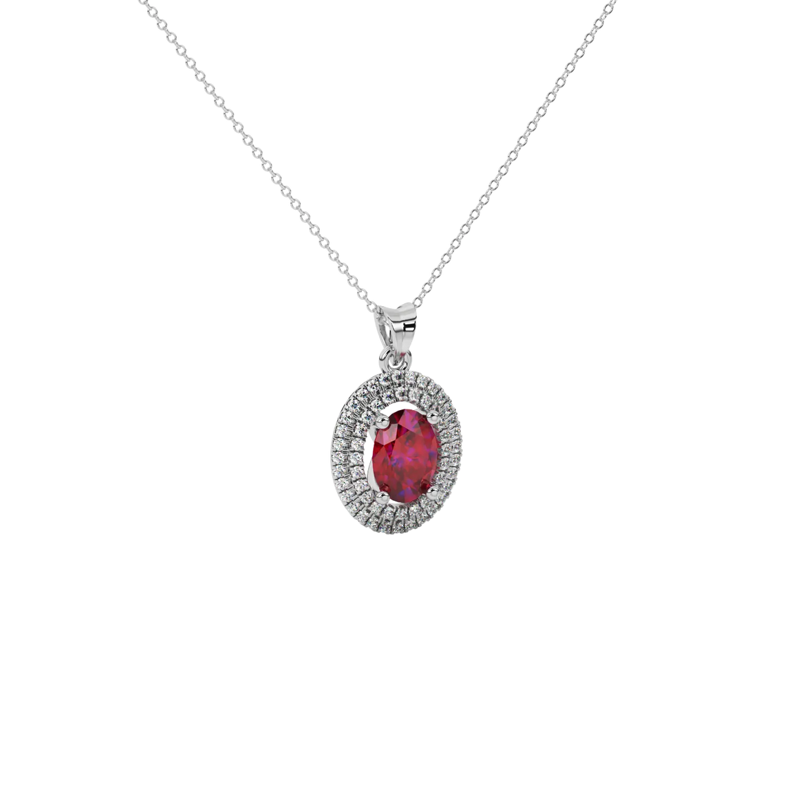 Close-up raspberry red gemstone pendant, white gold falling edge halo.