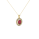 Close-up, oval cut raspberry red gemstone, yellow gold falling edge halo pendant