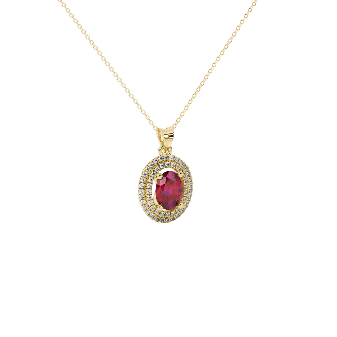 Close-up, oval cut raspberry red gemstone, yellow gold falling edge halo pendant