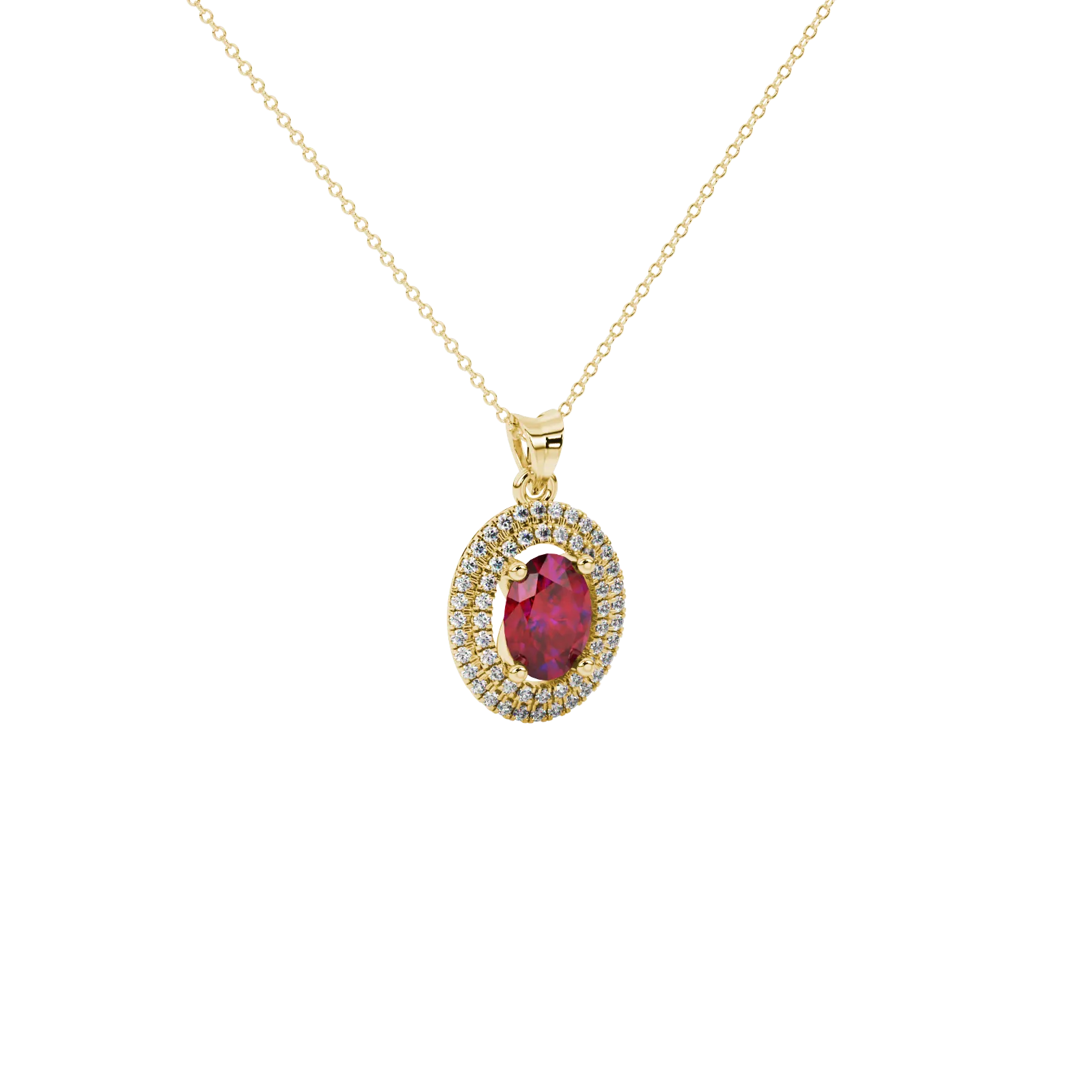 Close-up, oval cut raspberry red gemstone, yellow gold falling edge halo pendant