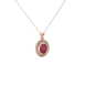 Close-up, oval cut raspberry red gemstone pendant, rose gold double halo.