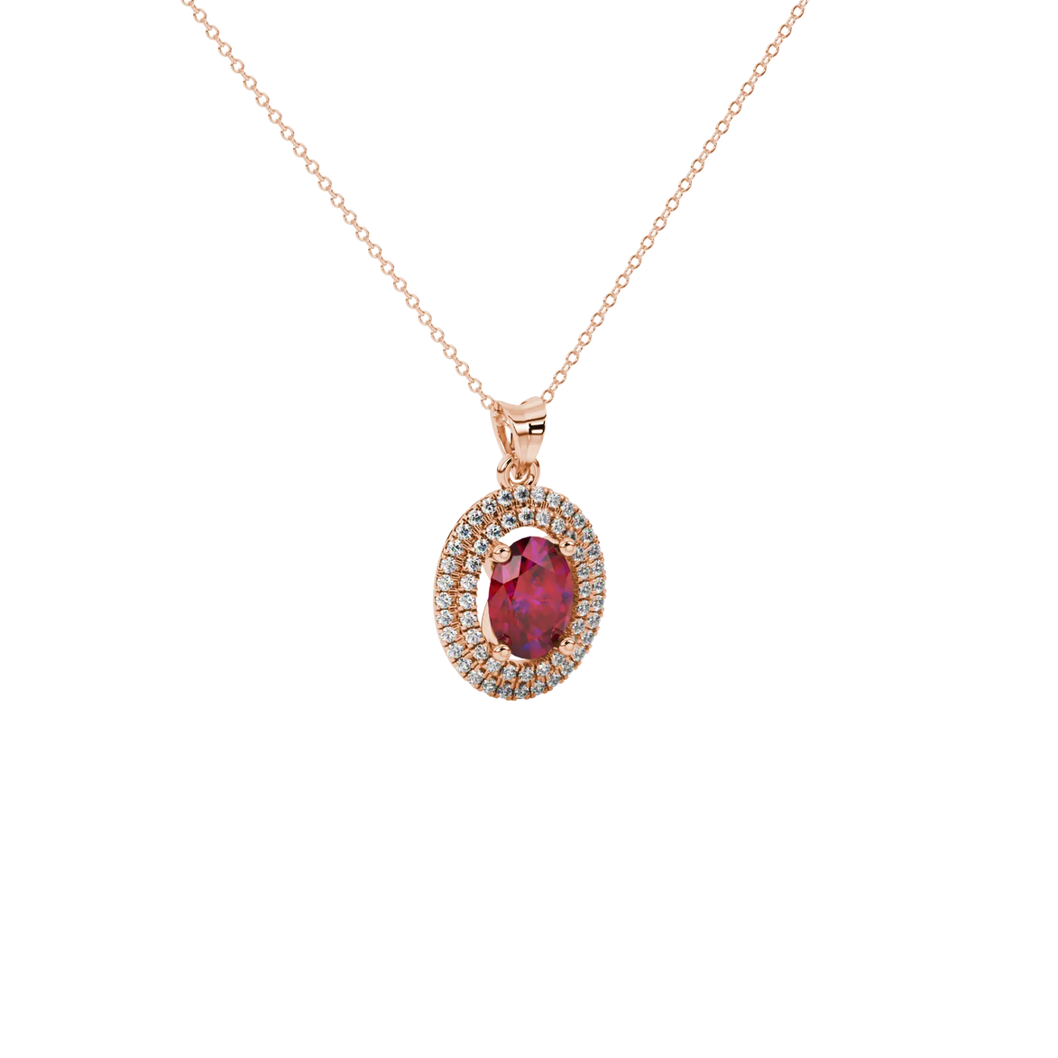 Close-up, oval cut raspberry red gemstone pendant, rose gold double halo.